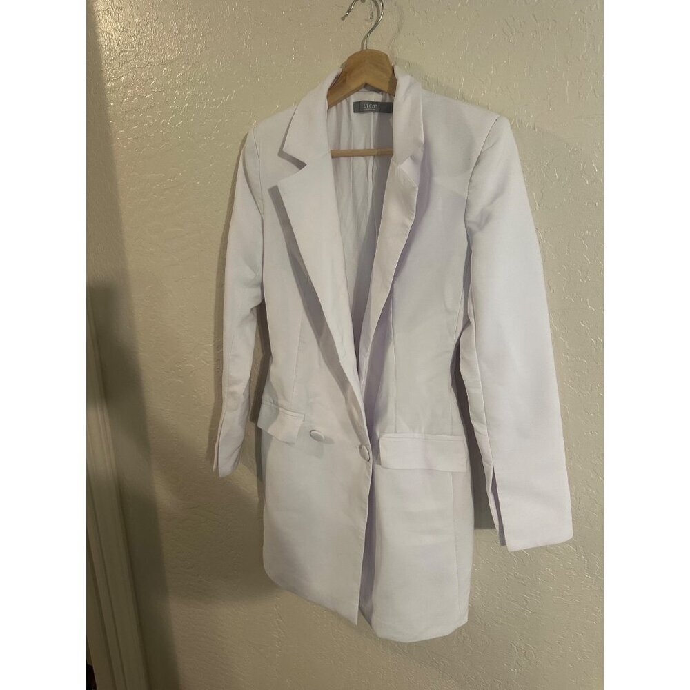 Y Lichi White Cotton Two Button Plunge V Neck Long Blazer Professional Dress - Picture 2 of 14